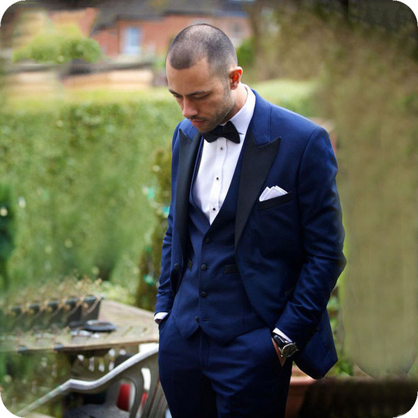 Royal Blue Groom Wedding Tuxedos Black Peaked Lapel Vintage Men Suits Best Man Blazer 3Piece One Button Jacket Pants Grey Vest Costume Homme