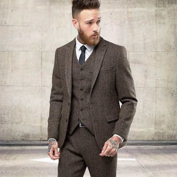 Custom Tweed Wool Men Suits Winter Formal Skinny Wedding Tuxedos Gentle Modern Blazer 3 Piece Men Suits(Jacket +Pants+Vest)