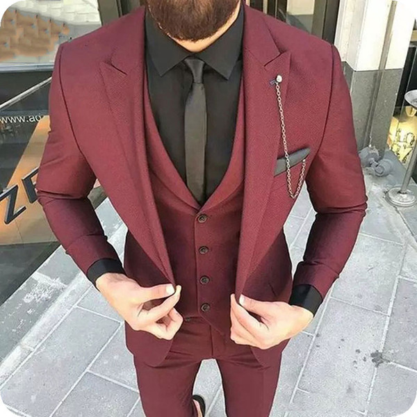 Custom Made Burgundy Men Suits for Wedding Groom Tuxedos Formal Best Man Blazers 3Piece Jacket Pants Vest Groomsmen Suit Costume Homme