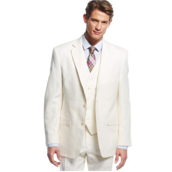 Ivory Men Suits Wedding Suits Linen Beach Groom Wear Bridegroom Formal Tuxedos Custom Made Slim Fit Best Man Blazer Prom Jacket+Pants Summer