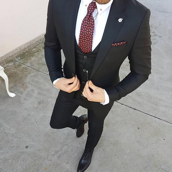 Black Mens Suits Casual Business Slim Fit Wedding Tuxedos Groom Wear Bridegroom Prom Suits Blazer 3Pcs(Jacket+Pants+Vest)