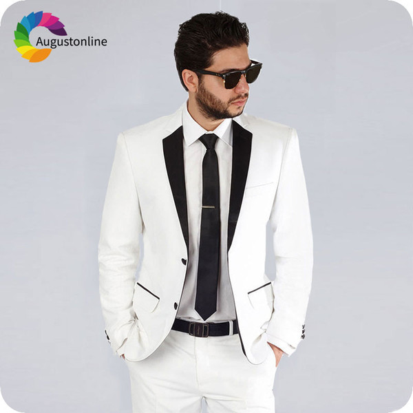 Tailor-Made White Men Suits for Wedding Black Peaked Lapel Slim Fit Groom Tuxedos 2Piece Jacket Pants Terno Masculino Costume Homme Prom