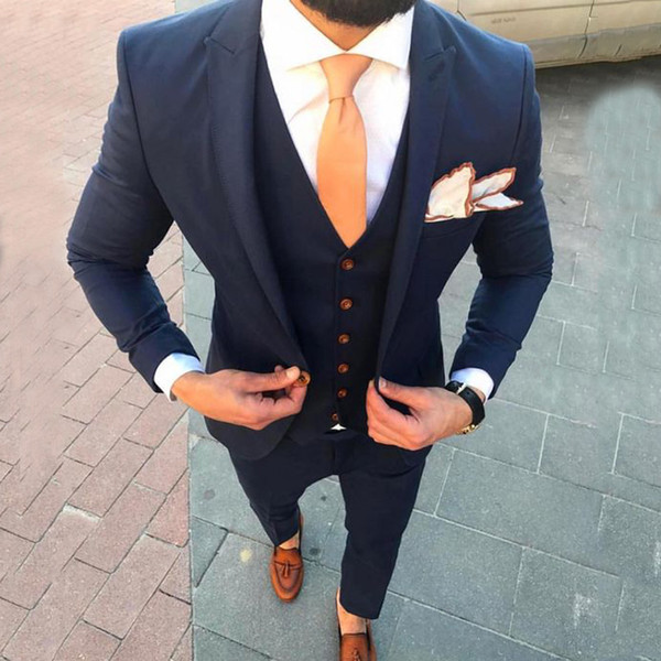 Navy Blue Casual Men Suits Business Slim Fit Wedding Tuxedos Groom Wear 3PCS Jacket Pants Vest Bridegroom Prom Suits Costume Homme