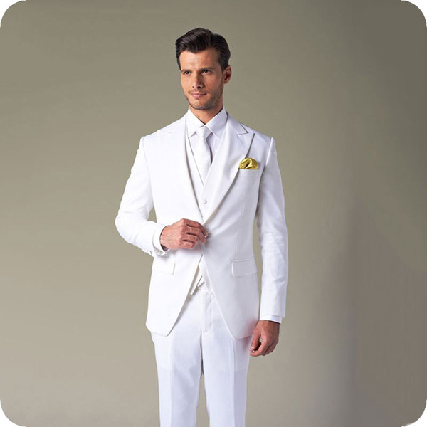 Custom Made White Men Suits for Wedding Slim Fit Groom Wear Peaked Lapel Groomsmen Tuxedos Suits Best Man Blazers 3Piece Costume Homme Party