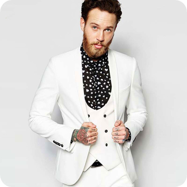 Ivory Men Suits for Wedding White Shawl Lapel Slim Fit Groom Tuxedos 3Piece Best Man Blazers Jacket Groomsmen Suit Prom Wear Costume Homme