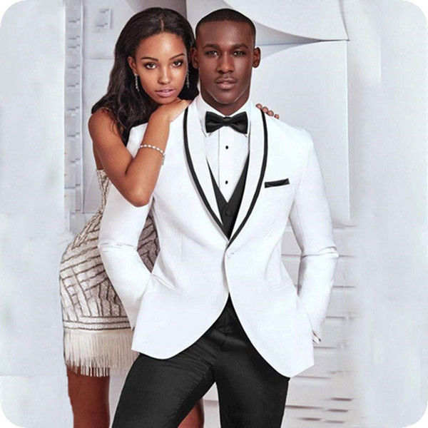 White Groom Tuxedos Custom Made Wedding Suits Men Black Shawl Lapel Slim Fit Best Man Blazers 3Piece Jacket Pants Vest Costume Homme Ternos