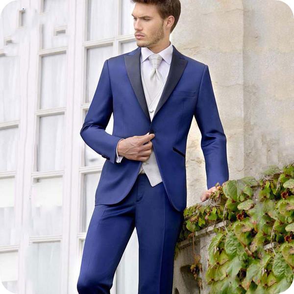 Italian Royal Blue Men Suits for Wedding Slim Fit Groom Tuxedos Black Peaked Lapel Groomsmen Suit Best Man Blazers 3Piece Jacket Pants Vest