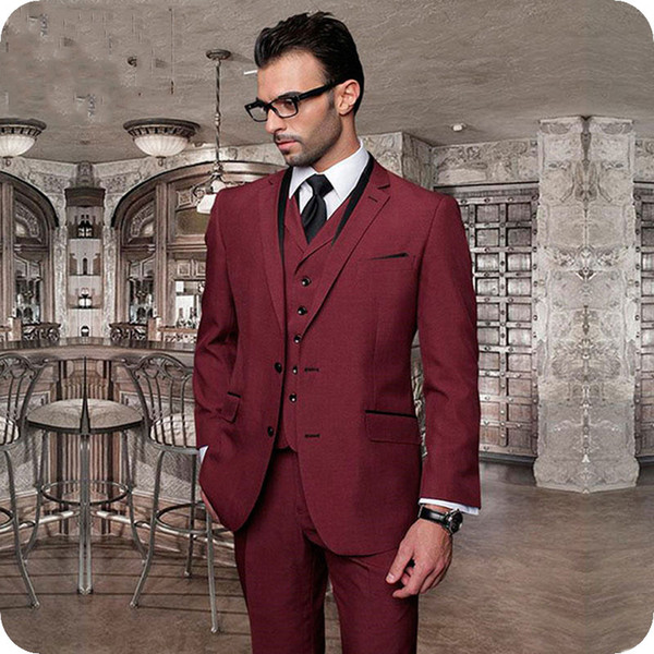 Burgundy Men Suits for Wedding Latest Coat Pants Designs Groom Tuxedos 3Piece Best Man Blazers Jacket Groomsmen Suit Prom Wear Costume Homme