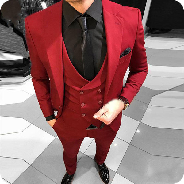 Casual Red Men Suits Terno Wedding Tuxedos Slim Fit Groom Wear Groomsman Prom Suits Costume Homme 3 Pieces(Jacket+Pants+Vest)