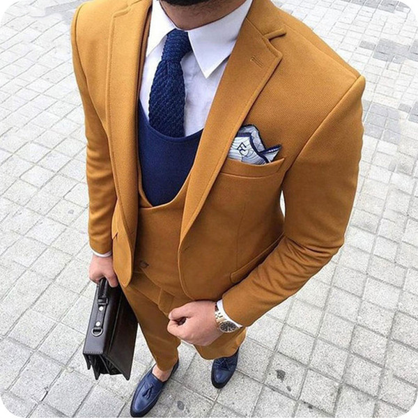 Yellow Men Suits Groom Wedding Tuxedos Slim Fit Groomsman Prom Suits Costume Homme 3 Pieces(Jacket+Pants+Vest) Latest Coat Pant Designs