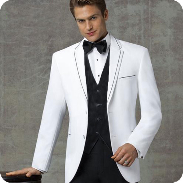 White Men Suits for Wedding Black Notched Lapel Vintage Groom Tuxedos 3Piece Best Man Blazer Jacket Custom Made Costume Homme Groomsmen Wear