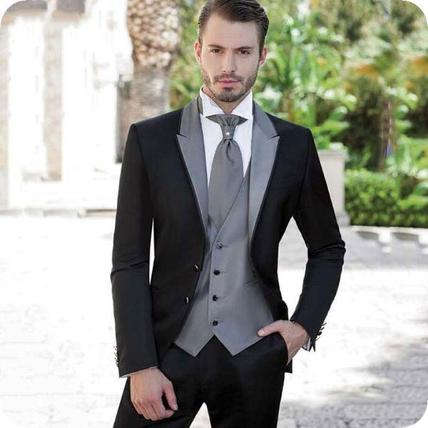 Italian Black Wedding Suits for Men Blazers Grey Peaked Lapel Slim Fit Groom Tuxedo 3Piece Latest Coat Pants Designs Costume Homme Party