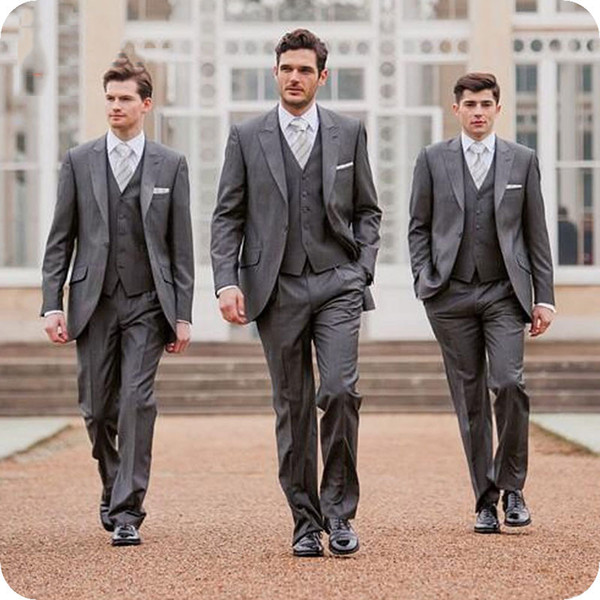 Custom Made Grey Men Suits Groom Wedding Wear Peaked Lapel Formal Bridegroom Tuxedos Slim Fit Best Man Blazers 3Piece Jacket Pants Vest