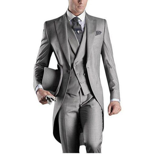 Classic style Groom Slim Fit Men Suits Tailcoats Light Grey Custom Prom Groomsmen Men Wedding Tuxedos (Jacket+Pants+Vest)