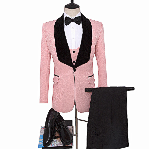 Tailor Suits Blazer Printed Groom Tuxedos Pink jacket for Groomsman Suit Shawl Lapel Wedding suit Custom Made Man Suit (Jacket+pants+vest)