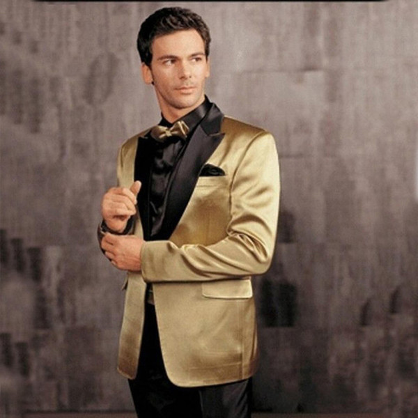 New Style Gold Groom Tuxedos men suit slim Notch Satin Lapel Groomsmen Best Mens Wedding Work Office Suits jacket+pant