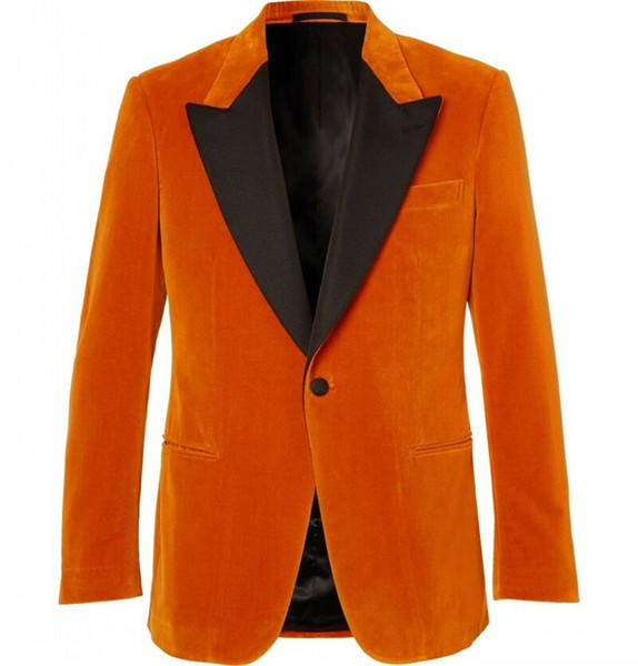 Orange Velvet Men's Dinner Party Suit Peak Lapel Prom Groom Coat Tuxedos Custom Made Man Suit Velvet Blazer and Black Pants