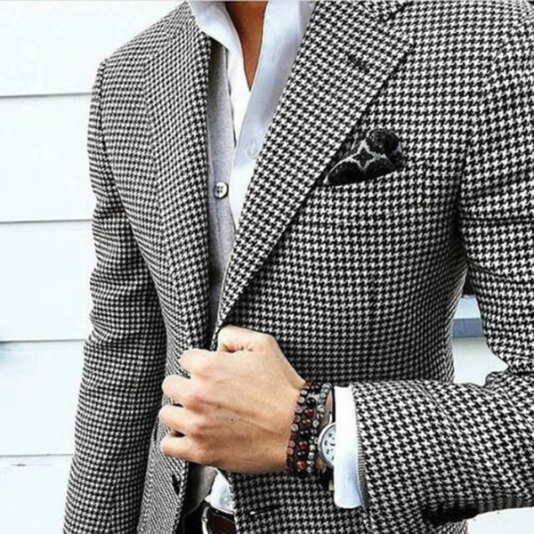 Houndstooth Man Suit Hound stooth Jacket and Black Pants for Groom Tuxedos Groomsman Suit 2 Pieces Wedding Suits Man Clothes Business Suits