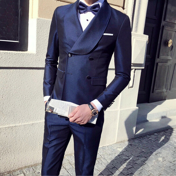 Glossy Blue Men's Suits Shawl Lapel Double-breasted Suits Formal Men's Blazers Bespoke Suit Dinner Suit Wedding Suit