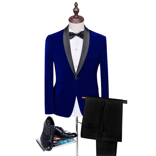 New Velvet Suit Men Slim Fit Wedding Suits For Men Shawl Collar High Quality Burgundy Tuxedo For Prom (Jacket+Black Pant)