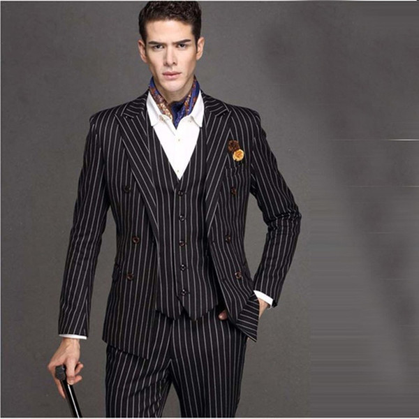 Hot Sale black Wedding Suits White Pinstripe Men Suit Peaked Lapel Terno Masculino Slim Fit Blazer Male Formal Business mens Suits Set