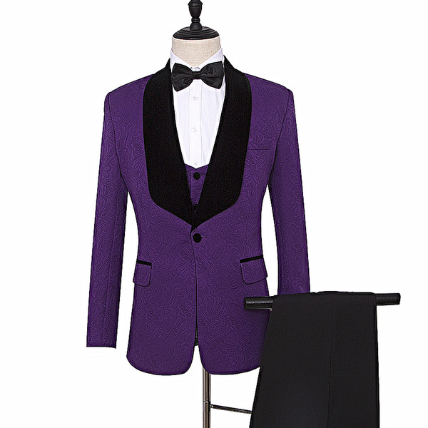 Tailor Suits Blazer Purple Wedding suit Printed Groom Tuxedos Shawl Lapel Groomsman Suit Custom Made Man Suit (Jacket+pants+vest)