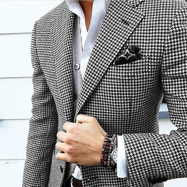 Houndstooth Custom Made Mens Checkered Suit Dress Tailored black Weave Hounds Tooth Check wedding men suits jacket+Black pants