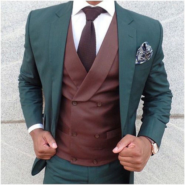 Custom Made Latest Coat dark Green Men Suit Tuxedo Slim Fit Skinny wedding mens suits (Jacket+Pants+Double Breasted Vest)