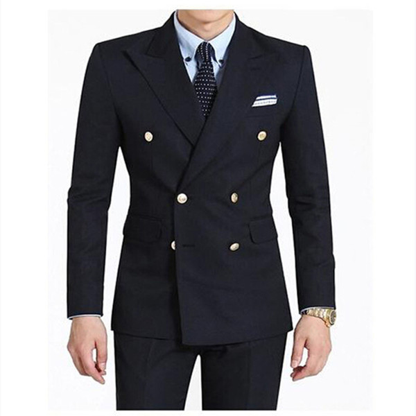 Double Breasted Groom Mens Suit Tuxedo navy Blue Peaked Lapel Mens Wedding suits Dress Clothing (Jacket+Pants)