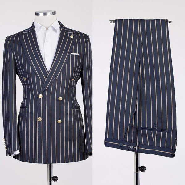 Double Breasted Groom Tuxedos Striped Fabrics Blazer As Groomsman Suit Jacket+pants Wedding Suit Custom Made Man Suit Jacket+pants