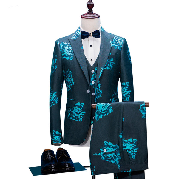 New Prom Men Suit With Pants Blue Floral Jacquard Wedding Suits for Men Peaked Lapel 3 pieces Korean Slim Fit Dress