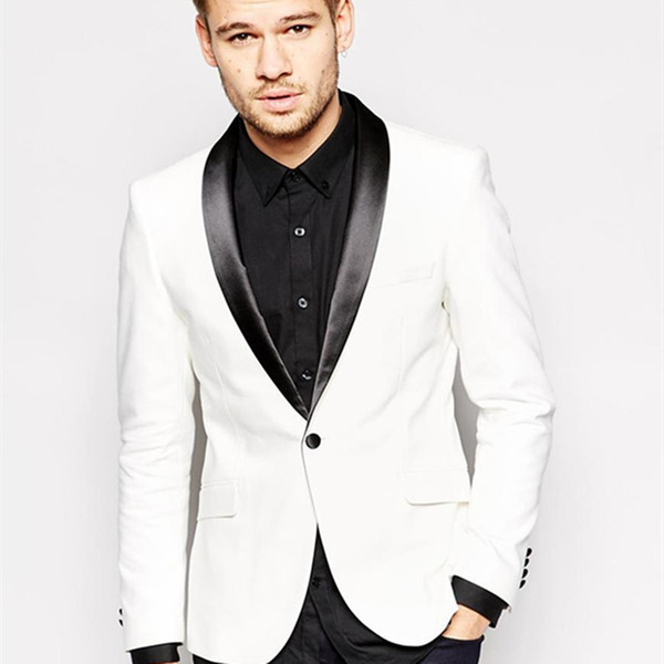 Handsome White Tuxedos Jacket with Black Pants Shawl Lapel Mens Suits Slim Fit Groomsmen Wedding Suits(Jacket+Pants)