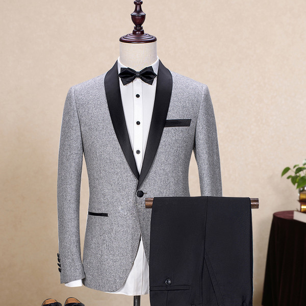 New Prom Men Suit Grey wool With Black Pants Wedding Suits for Men Shawl Lapel 2 pieces Korean Slim Fit Dress