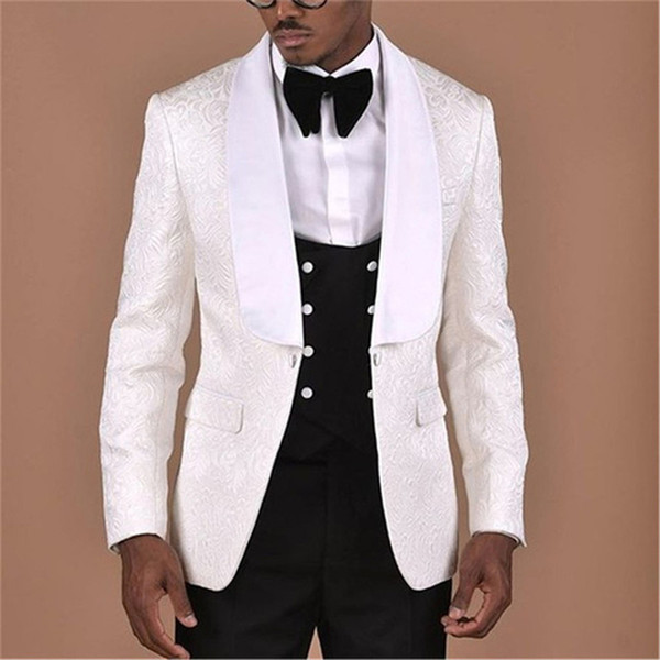 White Pattern With Double Breasted Black Vest Men Suit 3pieces Groom Tuxedos Groomsmen Wear Wedding Blazer(Jacket+pants+vest)