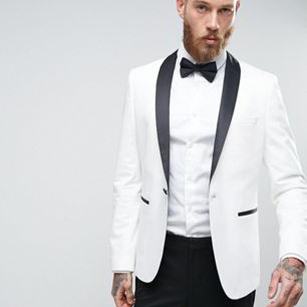 Black Shawl Lapel White Business Groom Men Suits Wear Blazer One Button Two Piece Wedding Man suit Tuxedo (Jacket+Pants)