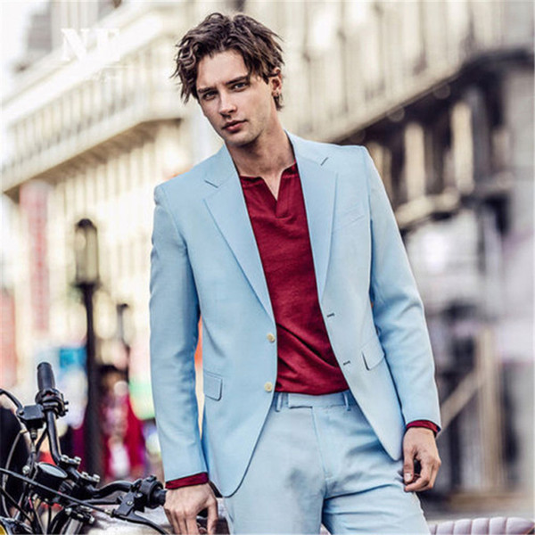 Sky Blue Men Suits Slim Fit Smart Casual Custom Party Prom Suit Dinner Suit Wedding suit Tailor Groom Tuxedo Wedding Blazer jacket+pants