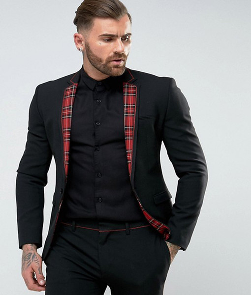 Skinny Suit Black Man Suit With Tartan Trim England Suits Custom Made Groom Tuxedos Red Edge Groomsman Suit (jacket+pants)