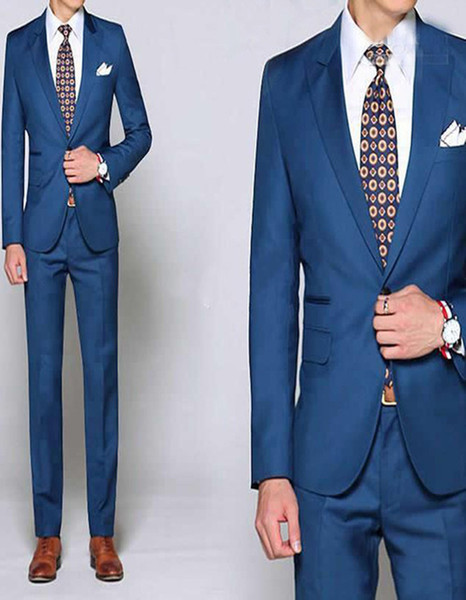 Tailored Suits Slim Fit Blue Groom Tuxedos Peak Lapel One Button Best Man Groomsman Suit Formal Prom Clothing(jacket+pants)