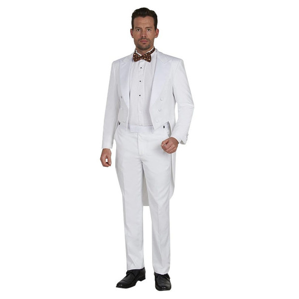 Handsome Tailcoat Groomsmen Peak Satin Lapel Groom Tuxedos White Bridegroom Wedding Blazers Gentleman Clothing Wedding Suits(Jacket+Pants)