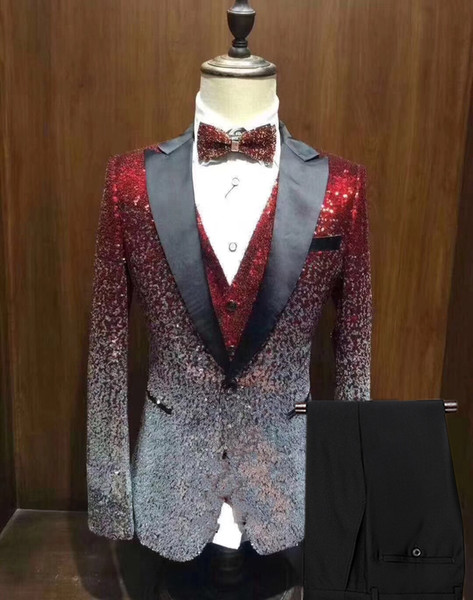 New Men Suit 3 Pieces Shiny Gradually Changing Color Sequin Mens Suit Peak Notch Lapel Tuxedo for Wedding Party Groom(Blazer++Vest+Pants)