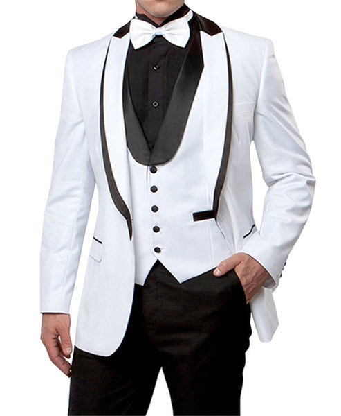 New White Men Suits Slim Fit Groom Tuxedos White with Black Lapel best men suits Custom Made Groomsmen suits