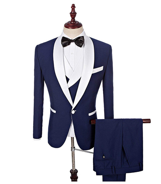 3 Pieces Mens Suit Blue Tuxedos White Shawl Lapel Men Suits With Pants Wedding Business Suit Blazer Men Groom(Jacket+Pants+Vest)