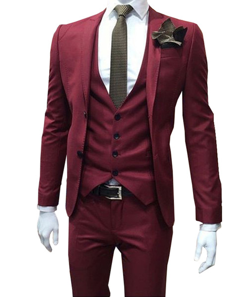 New Burgundy 3 Pieces Mens Wedding Suits Slim Two Buttons Blazer Groom Tuxedos Custom Made Formal Business Suits(Jacket+Pants+Vest)