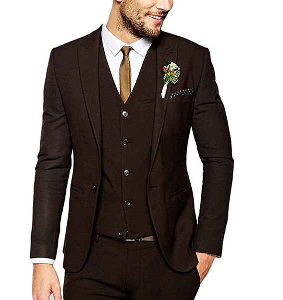 New Fashion Dark Brown Mens Suit Slim Fit Groom Tuxedos One Button Best Man Blazer(Jacket+Pants+Vest)