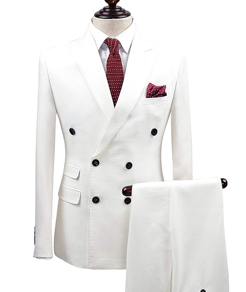 Solovedress Casual White Suits Men Double Breasted For Wedding 2 Pieces Gentle Blazer Groom Custom Made Tuxedos