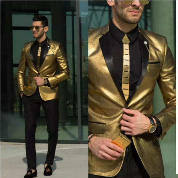 Solove 018 New Gold Wedding Men Suit Tuxedos Two Pieces Slim Fit Bridegroom One Button Suit