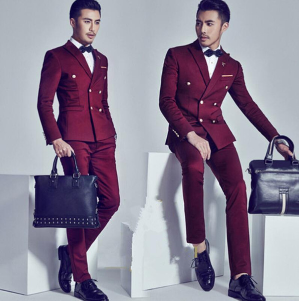 Mens Suits Business Fashion with Double-Breasted Blazer Two Pieces Slim Fit Handsome the Groom Suits(jacket+pants)