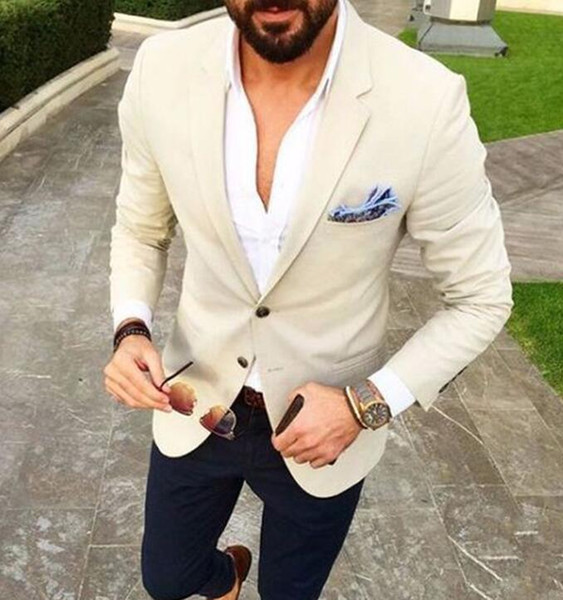 2 Pieces New Men Suit Beige Blazer Navy Blue Pants Men's Suits New Wedding Suits for men (Jacket+Pants)