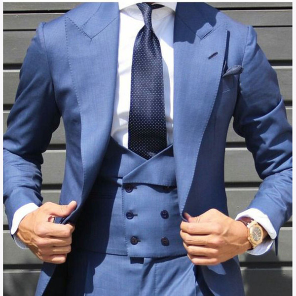 New Latest Light Blue Double Breasted vest Men Suit Tuxedo Slim Fit 3 Pieces Wedding Groom Suit( Jacket+Pants+Vest)