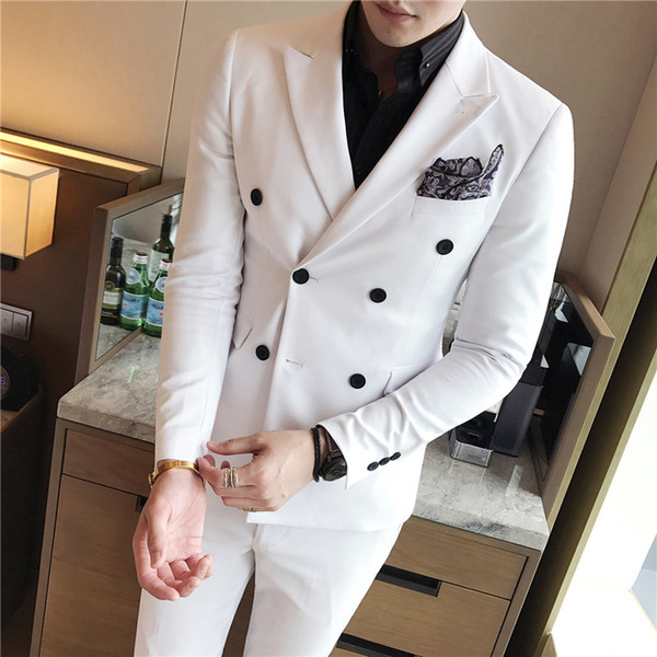 New Men Suits 3 Pieces Slim Fit Formal Groom Tuxedos Double Breasted Blazer Wedding Bridegroom Suits( Jacket+Pants+Vest)